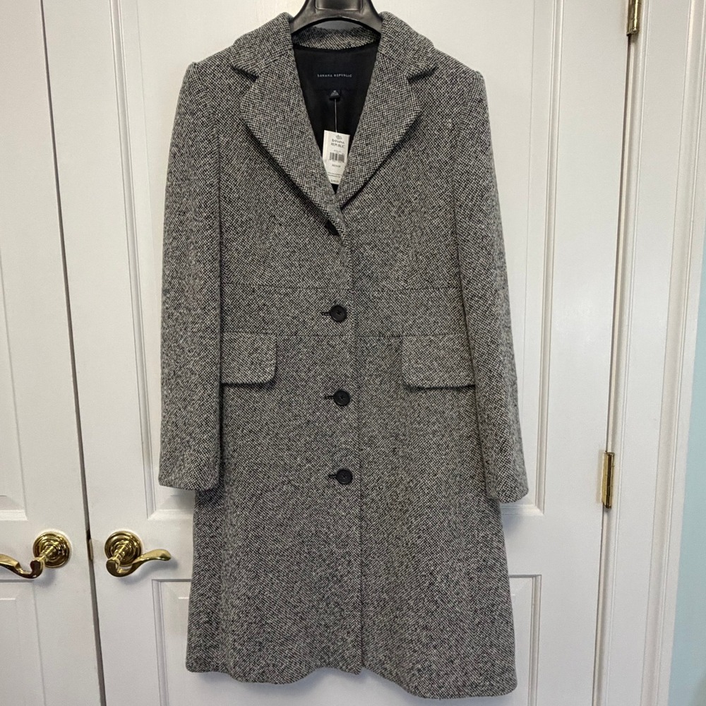 Banana Republic Tweed Long Coat Womens Medium Black White